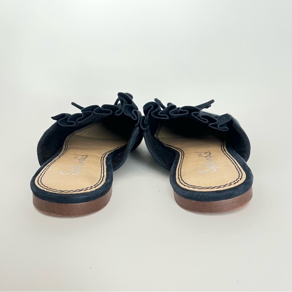 Splendid Women's Suede Mules Flats 7.5 Navy Blue Pleated Bow Smoking Slippers - Picture 5 of 5